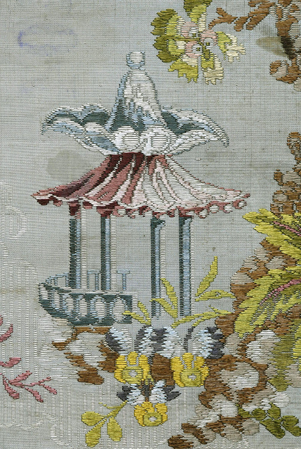 18th Century Silk Lampas Fragment with Pagoda