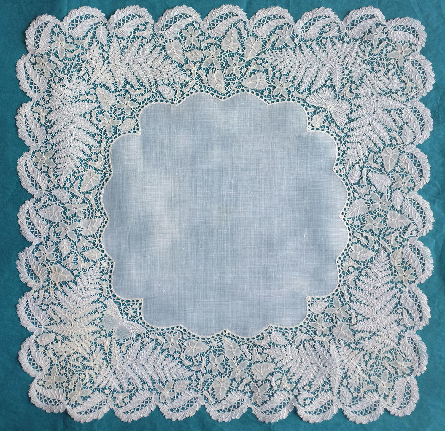 Honiton Lace Handkerchief with Ferns and Butterflies
