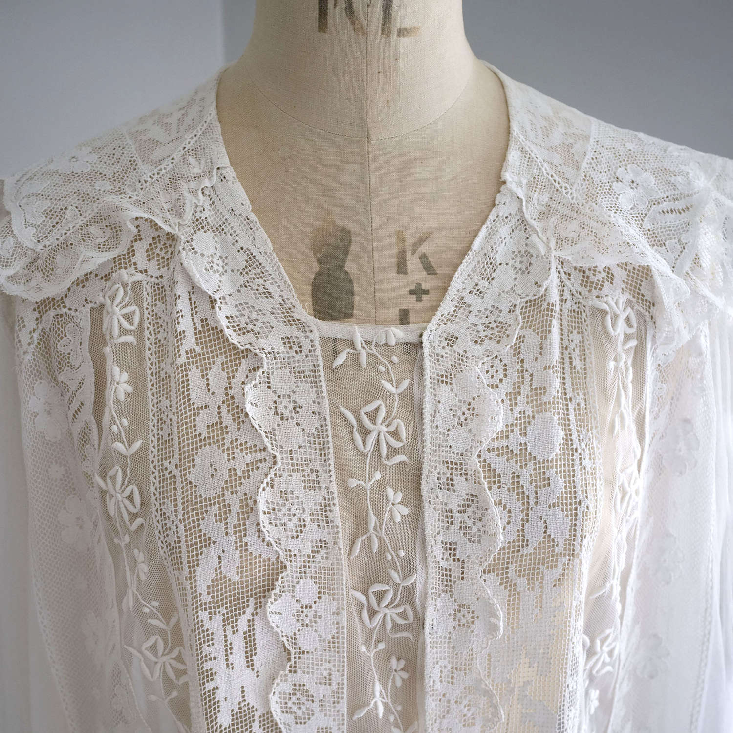 White Cotton Tulle and Filet Lace Blouse