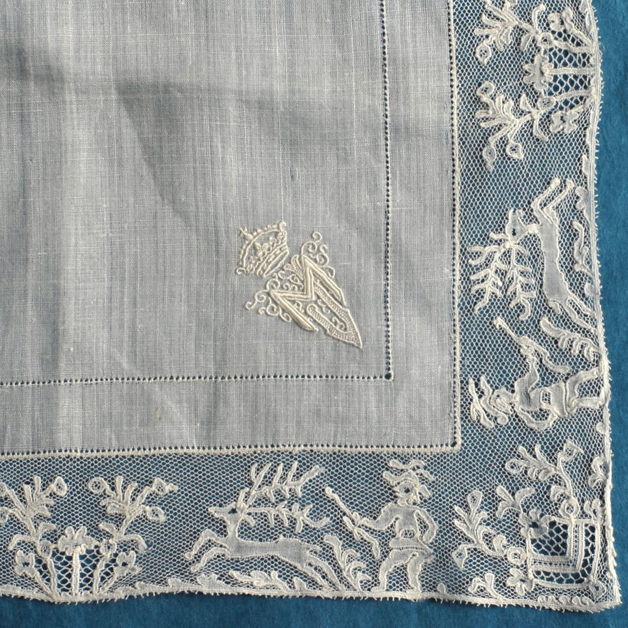 19th Century Mechlin Lace Handkerchief with Royal Monogram