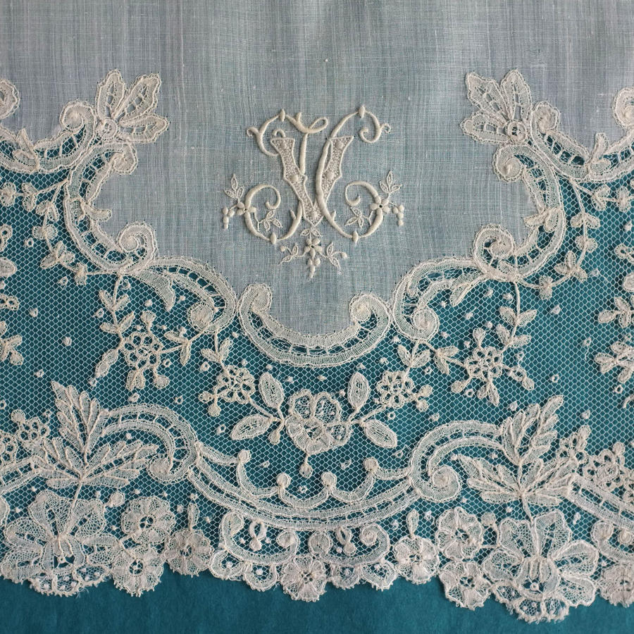 Brussels Applique Lace Handkerchief with Monogram