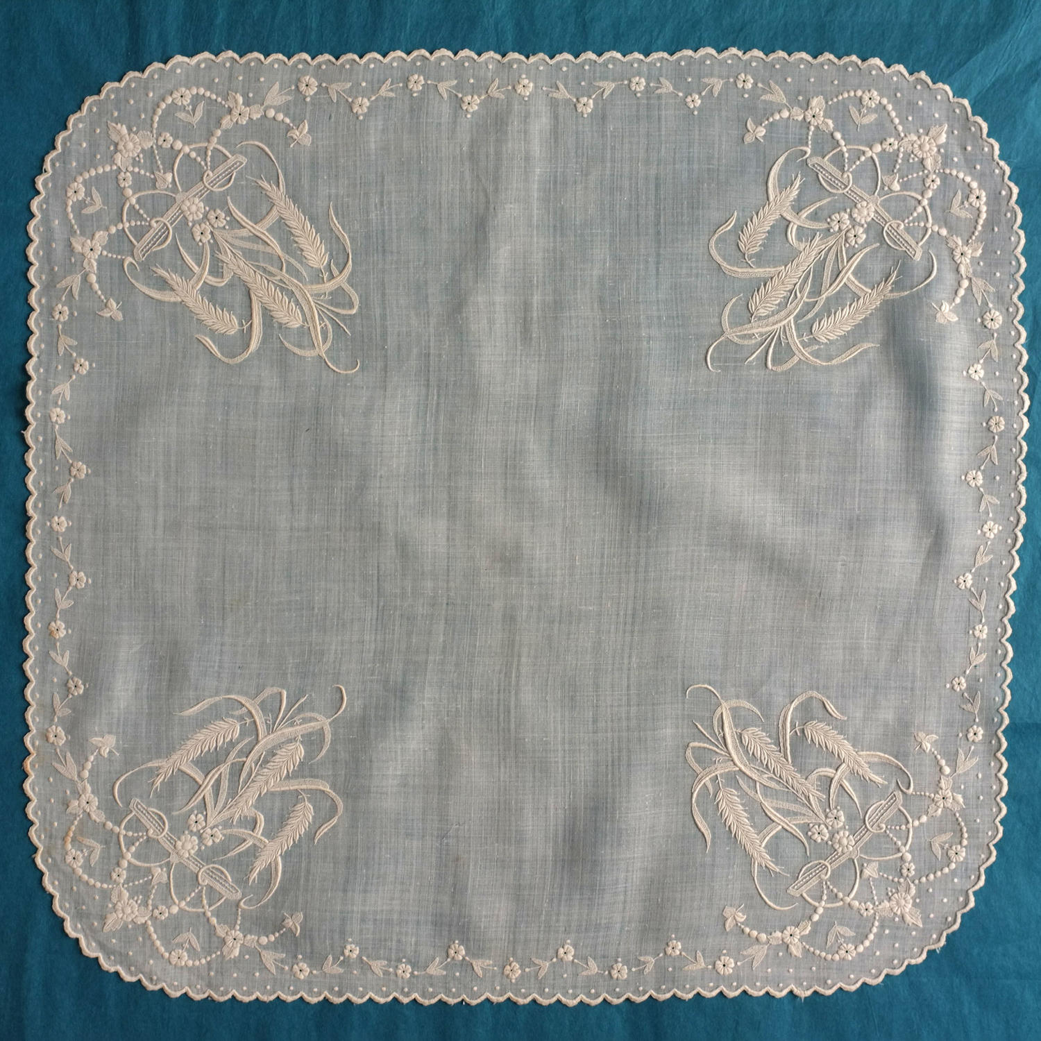 19th Century Embroidered Whitework Handkerchief with Wheat Ears