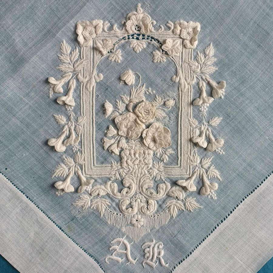 Late 19th Century Swiss Embroidered Raised Whitework Handkerchief