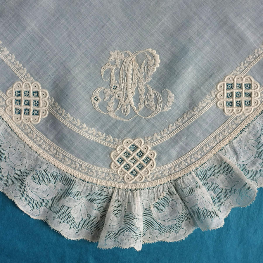 19th C. Whitework Handkerchief with 18th C. Valenciennes Lace Border