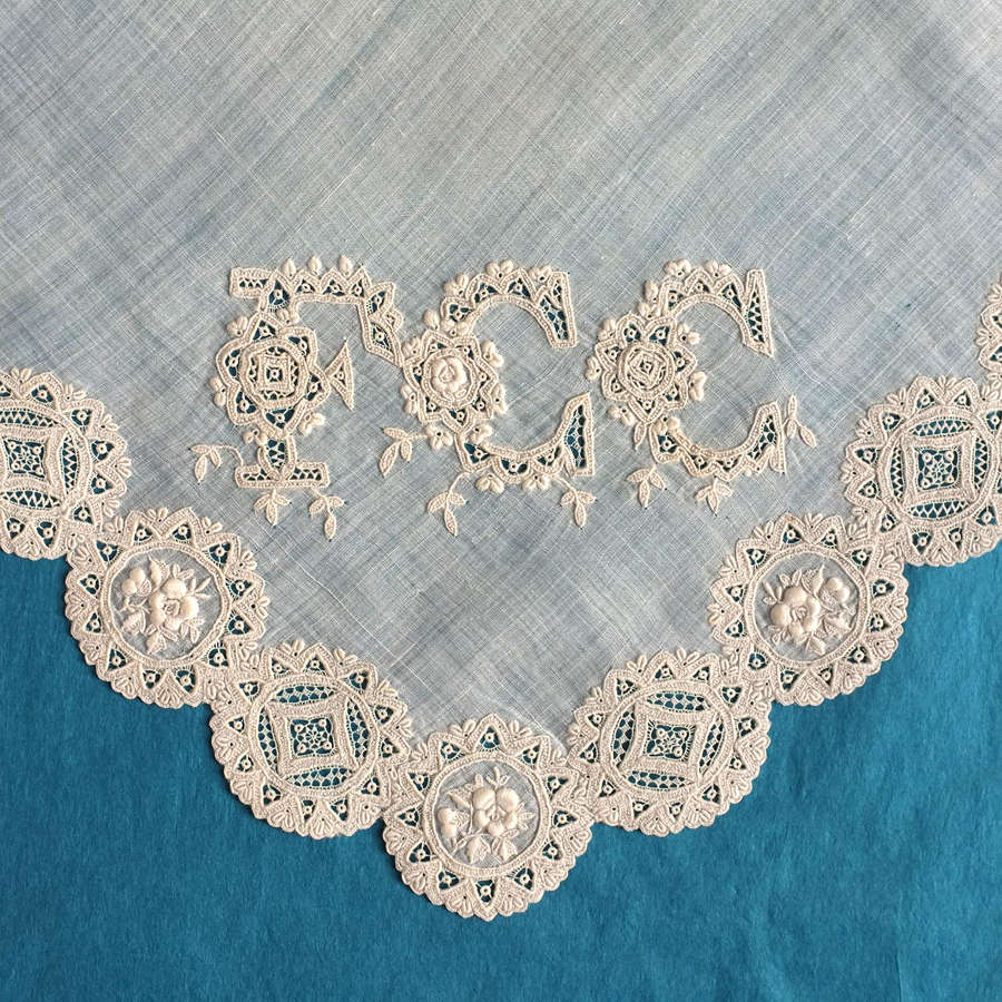 19th Century Whitework and Needle Lace Handkerchief with FCC Monogram