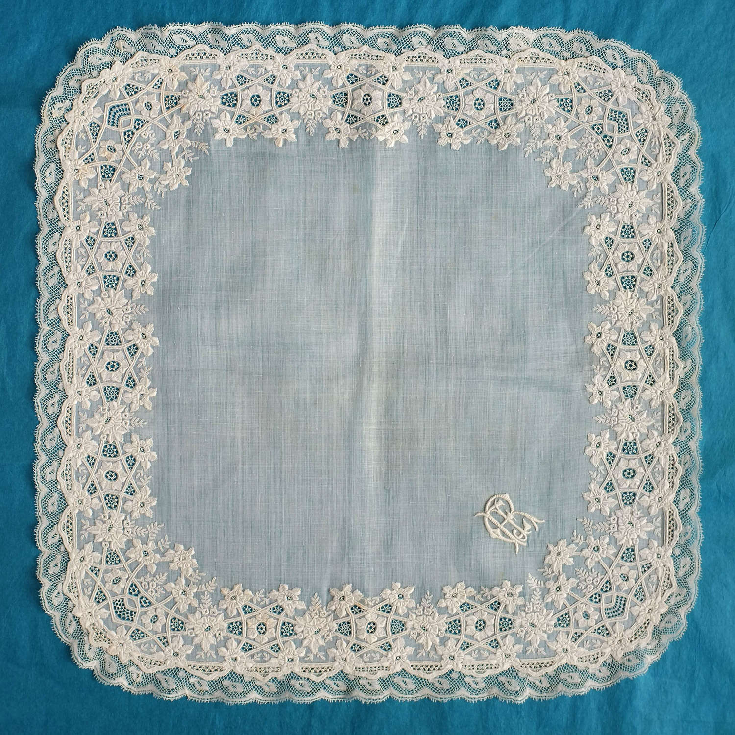 19th Century Flower Embroidered  Handkerchief with Lace Border