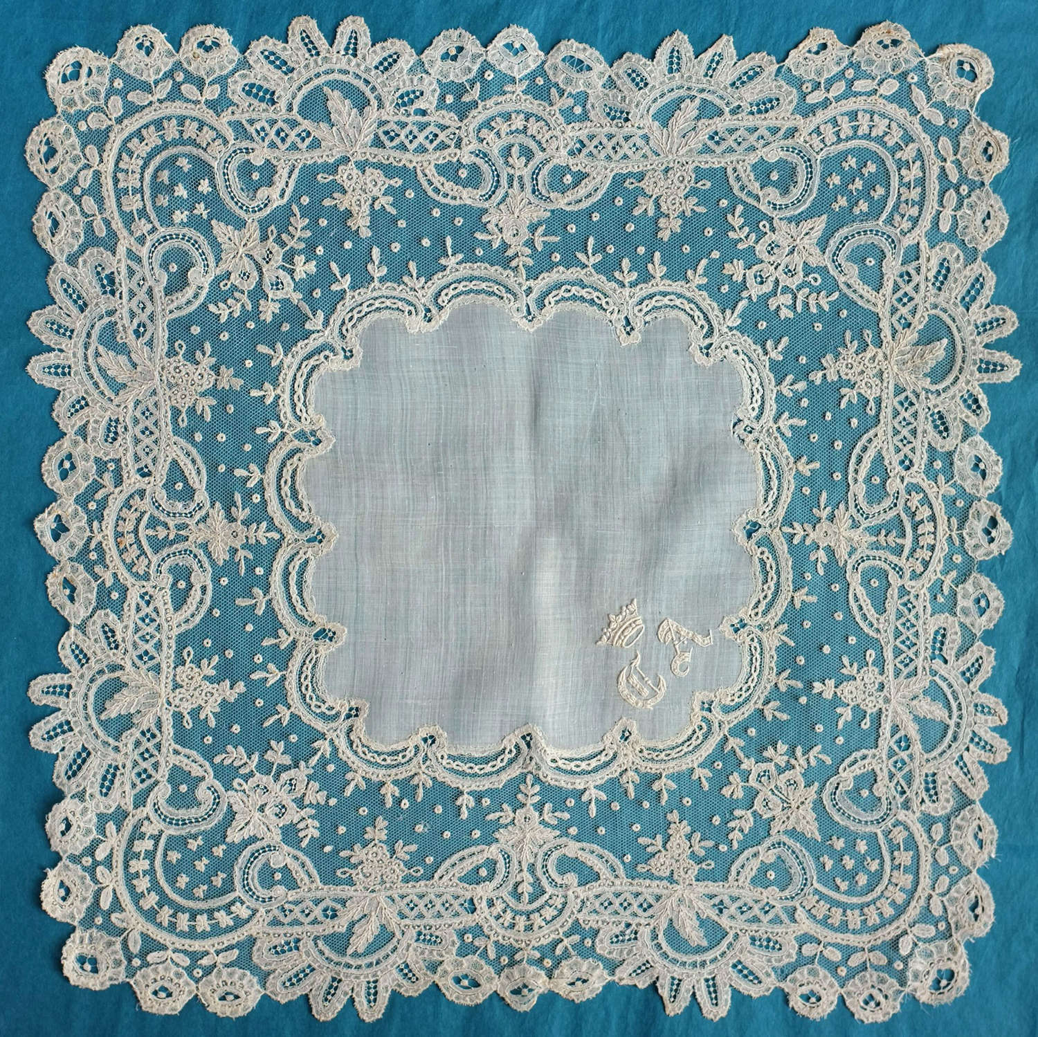 19th Century Brussels Lace Handkerchief with Coronet and Monogram