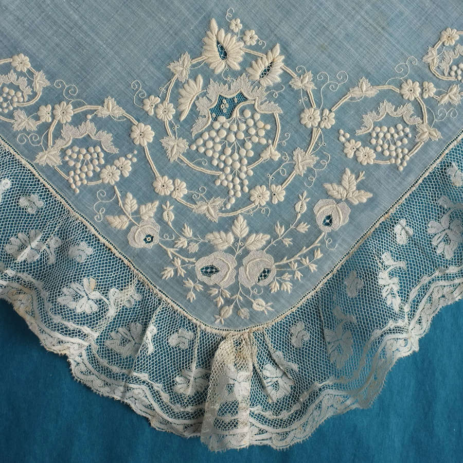 19th Century Embroidered Handkerchief with Vines & Grapes