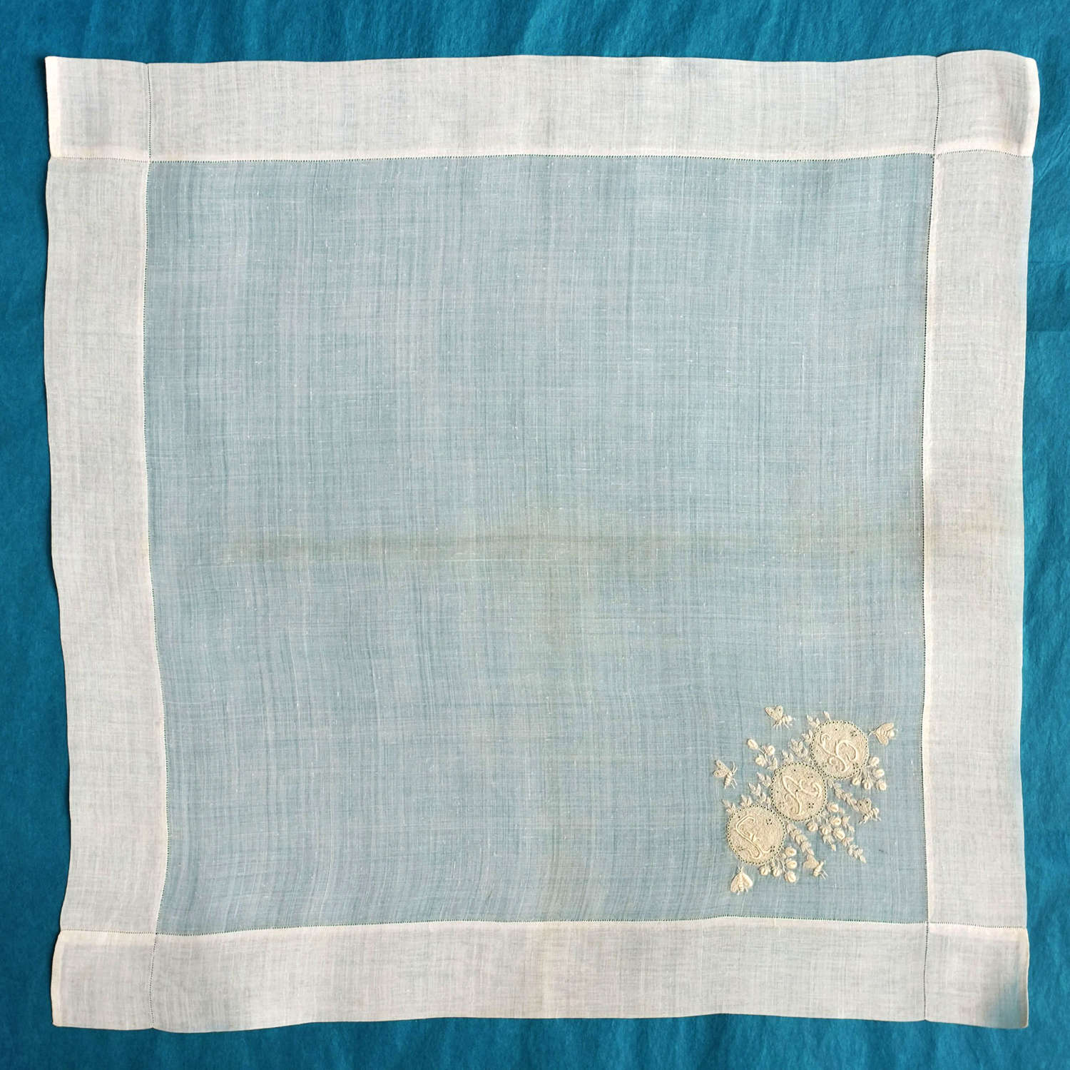 19th Century Handkerchief with Monogram in Art Nouveau Style with Bees
