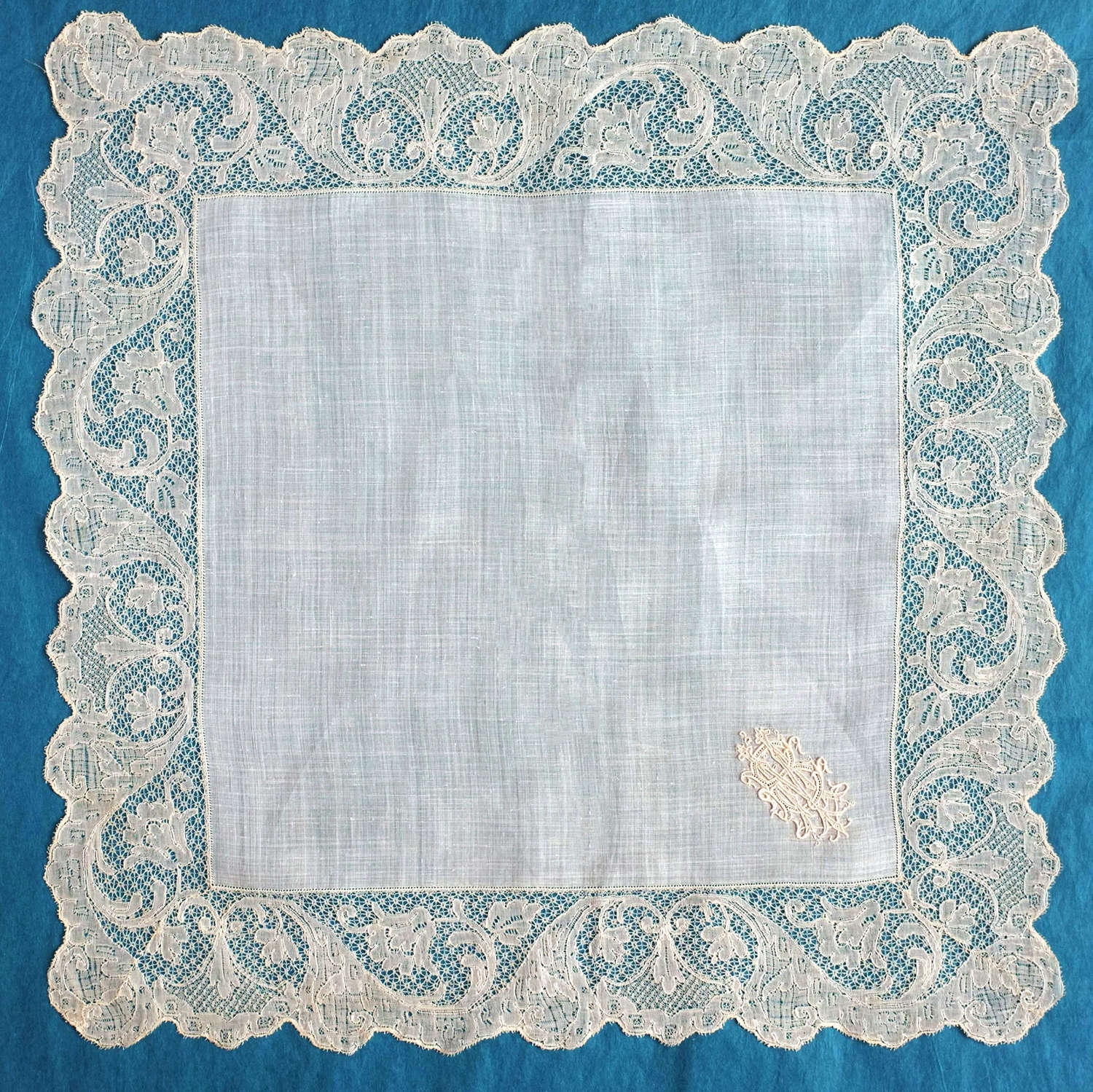 Antique 19th C Handkerchief with 18th C Mechlin Lace Border