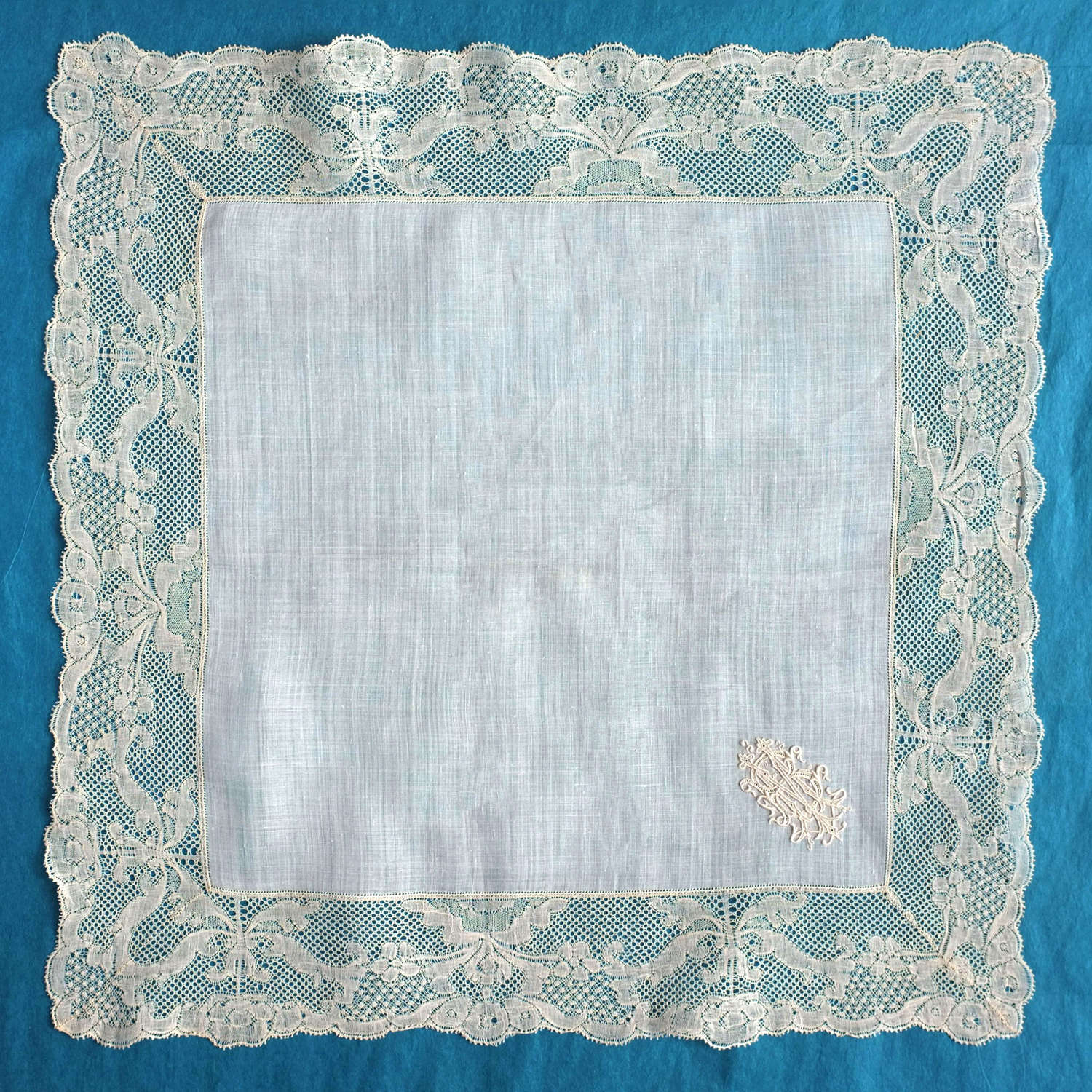 Antique 19th C Handkerchief with 18th C Valenciennes Lace Border