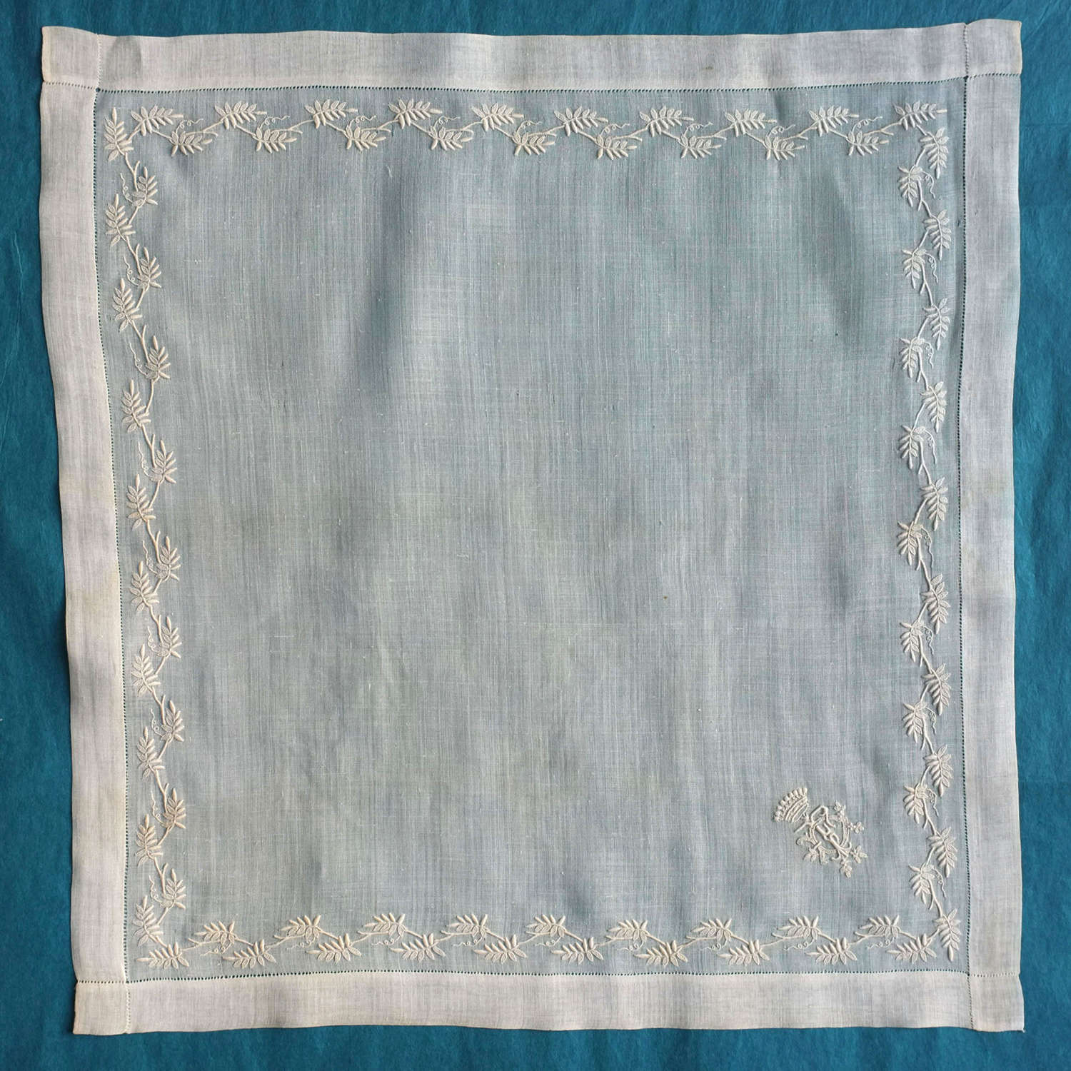 Antique Whitework Handkerchief with Leaf Border and Coronet