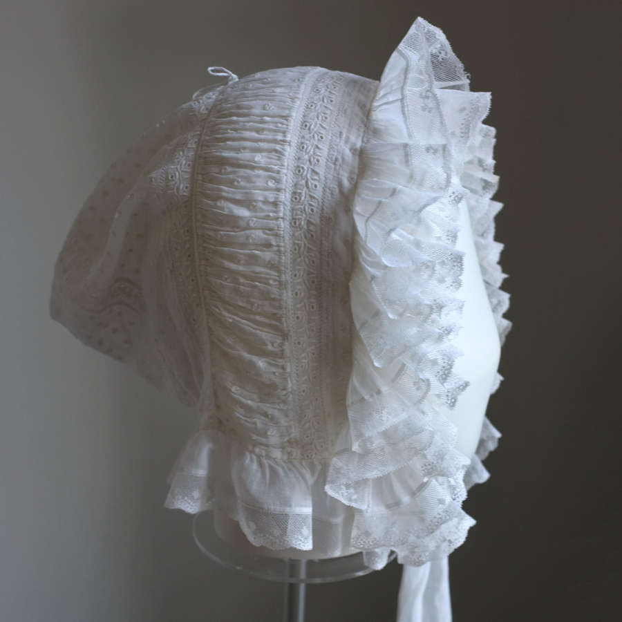 Antique Ruched and Frilled Dotted Muslin Bonnet circa 1820-30