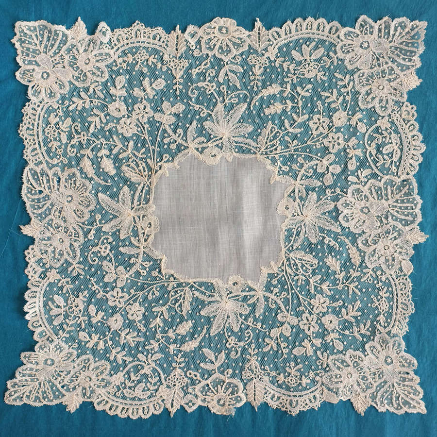 Antique Brussels Applique Lace Handkerchief