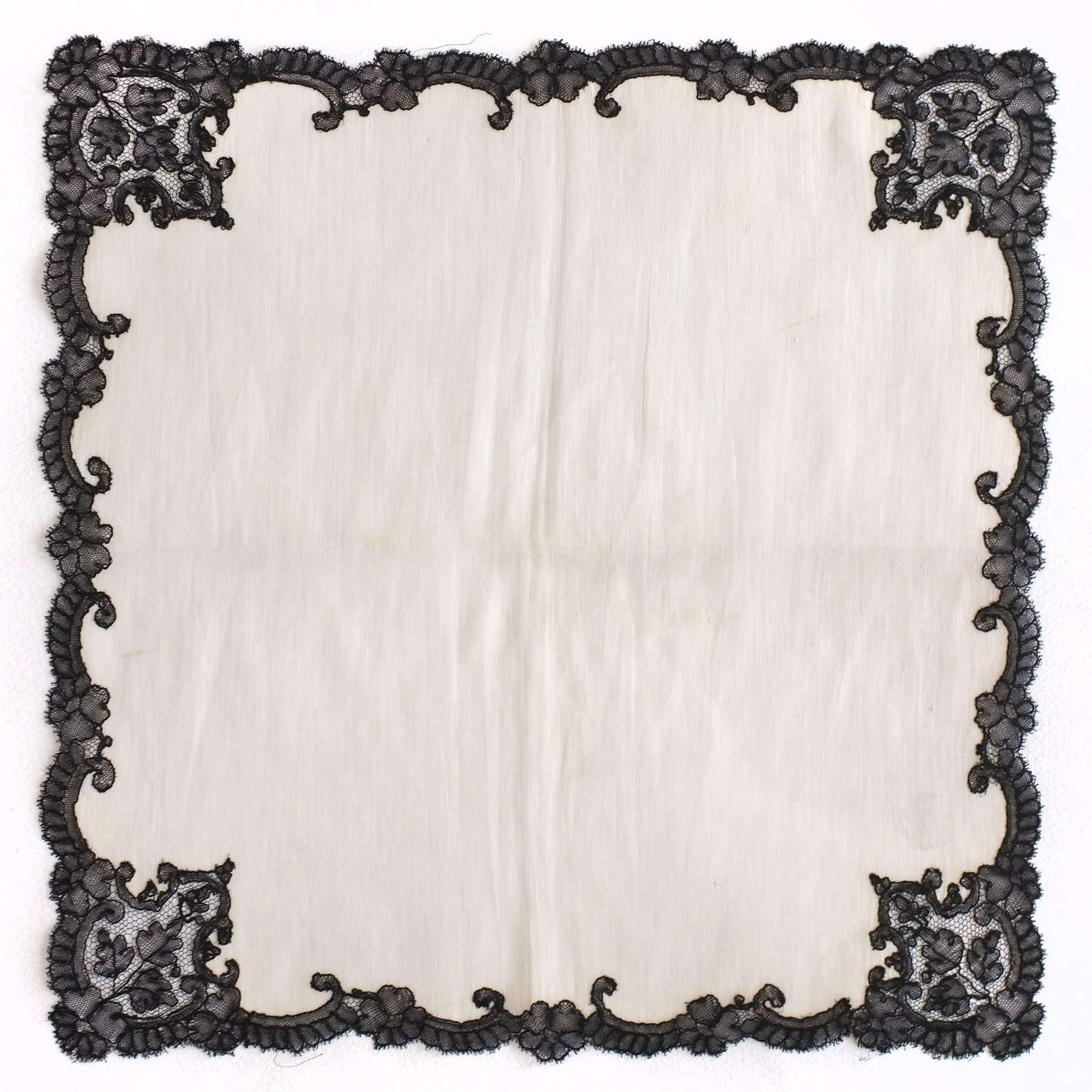 Antique 19th Century Mourning Handkerchief with Black Lace Border