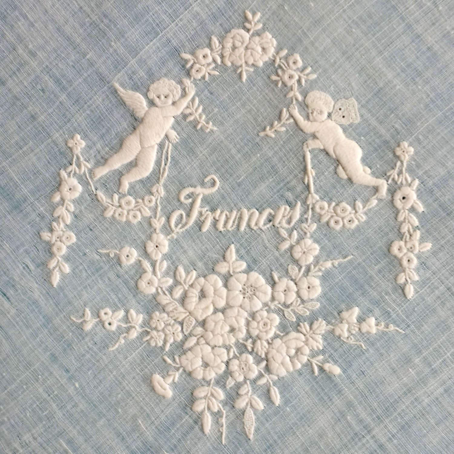 Antique French Whitework Embroidered Handkerchief
