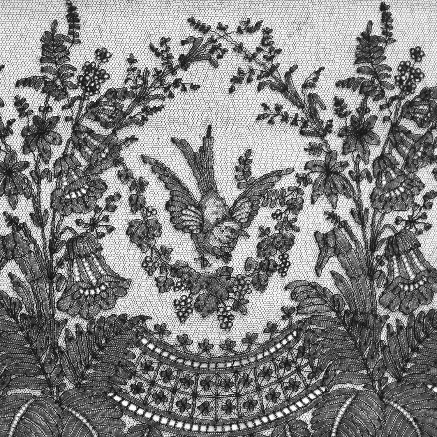 Antique 19th Century Black Chantilly Lace Border with Birds