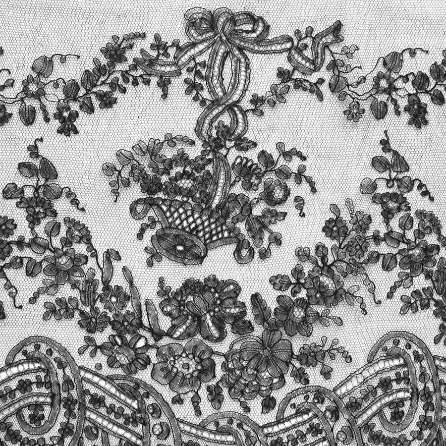 19th Century Black Chantilly Lace Border with Flower Basket Design