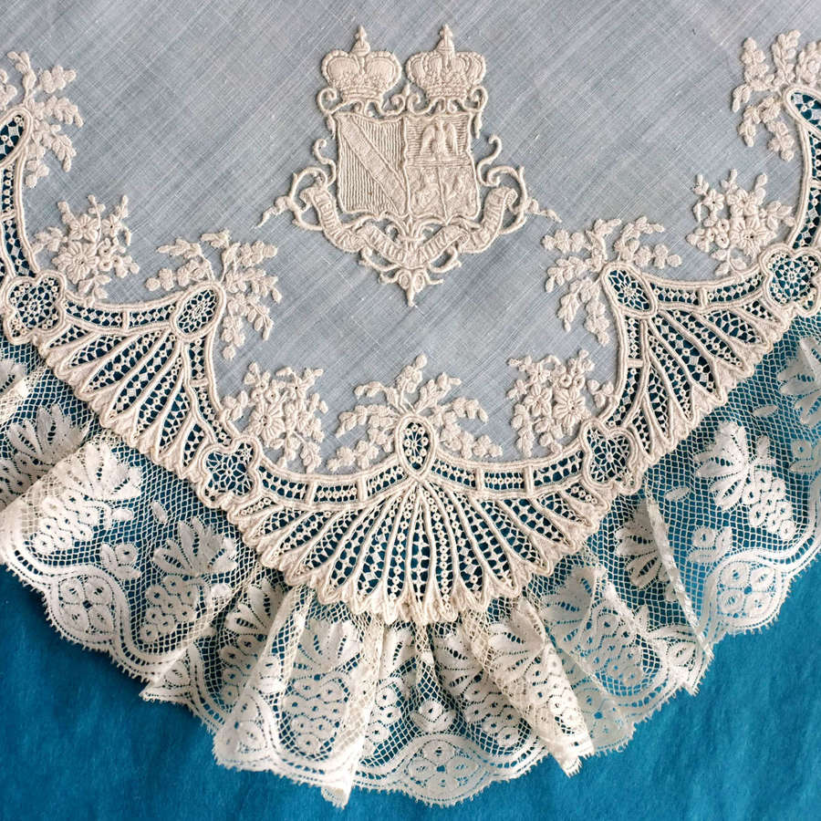 Antique Whitework Embroidered Handkerchief with Two Crowns