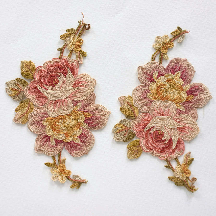 Pair of Antique French Beauvais Rose Motifs