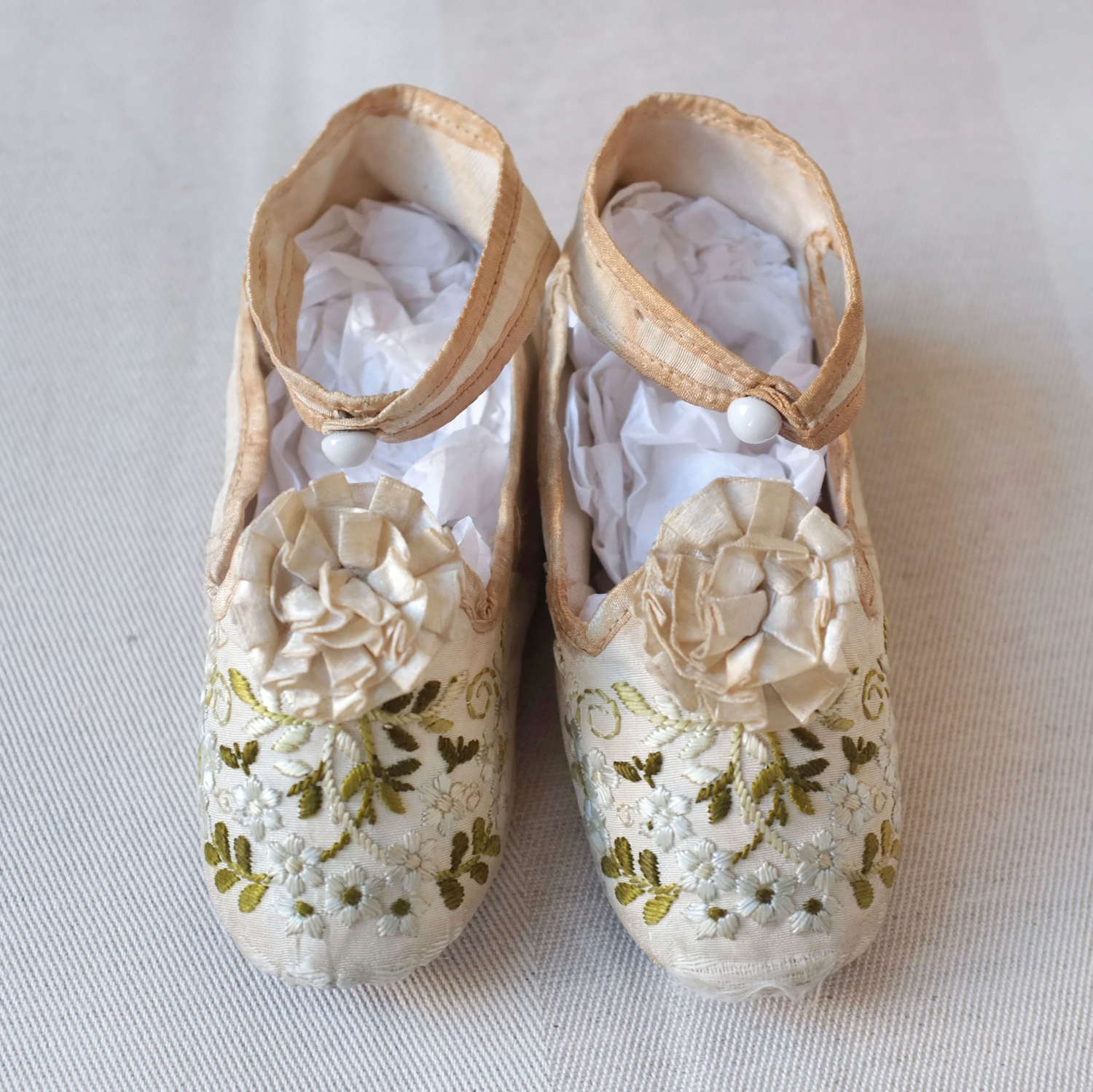 Antique Embroidered Child's Silk Shoes with Rosettes