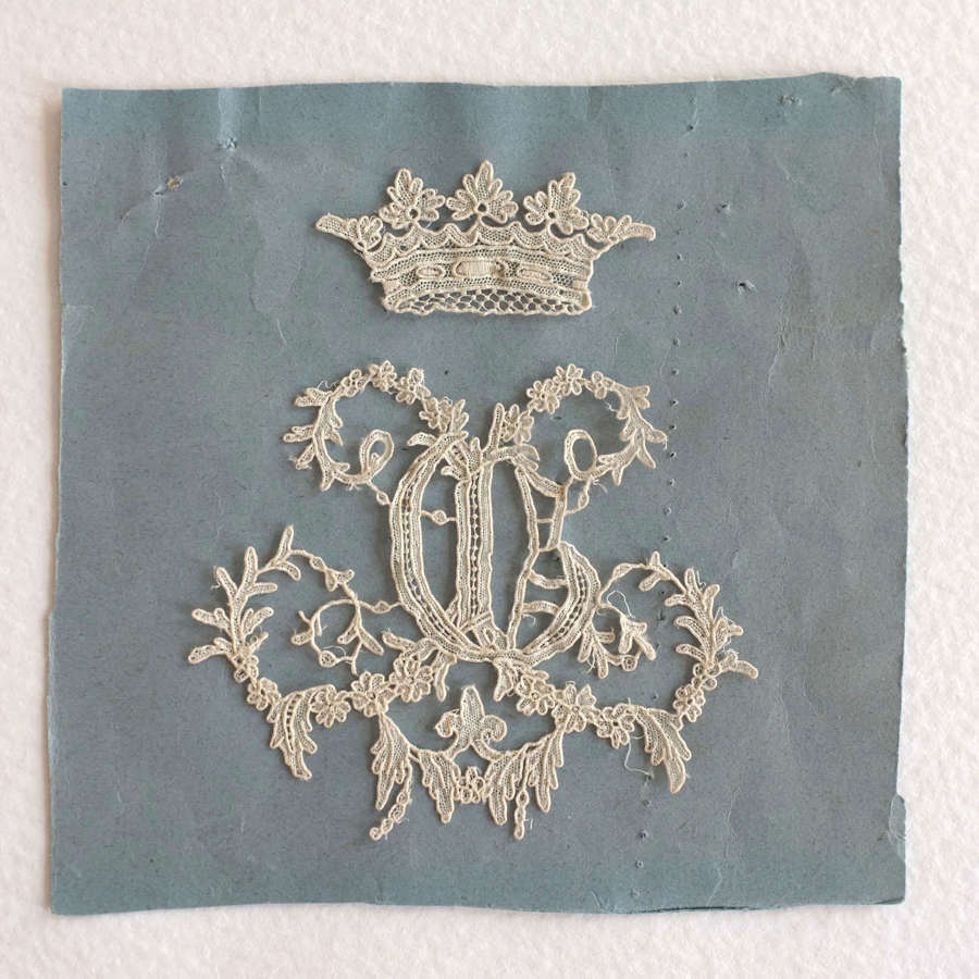 Antique Brussels Point de Gaze Lace Coronet and Monogram