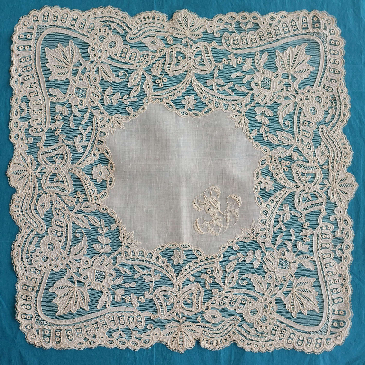Antique Brussels Muslin Applique  Lace Handkerchief