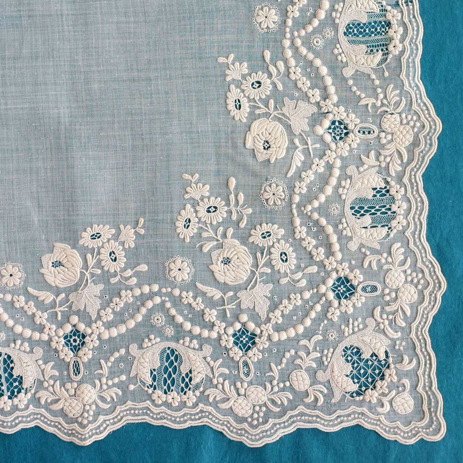 Antique Large Whitework Embroidered Handkerchief
