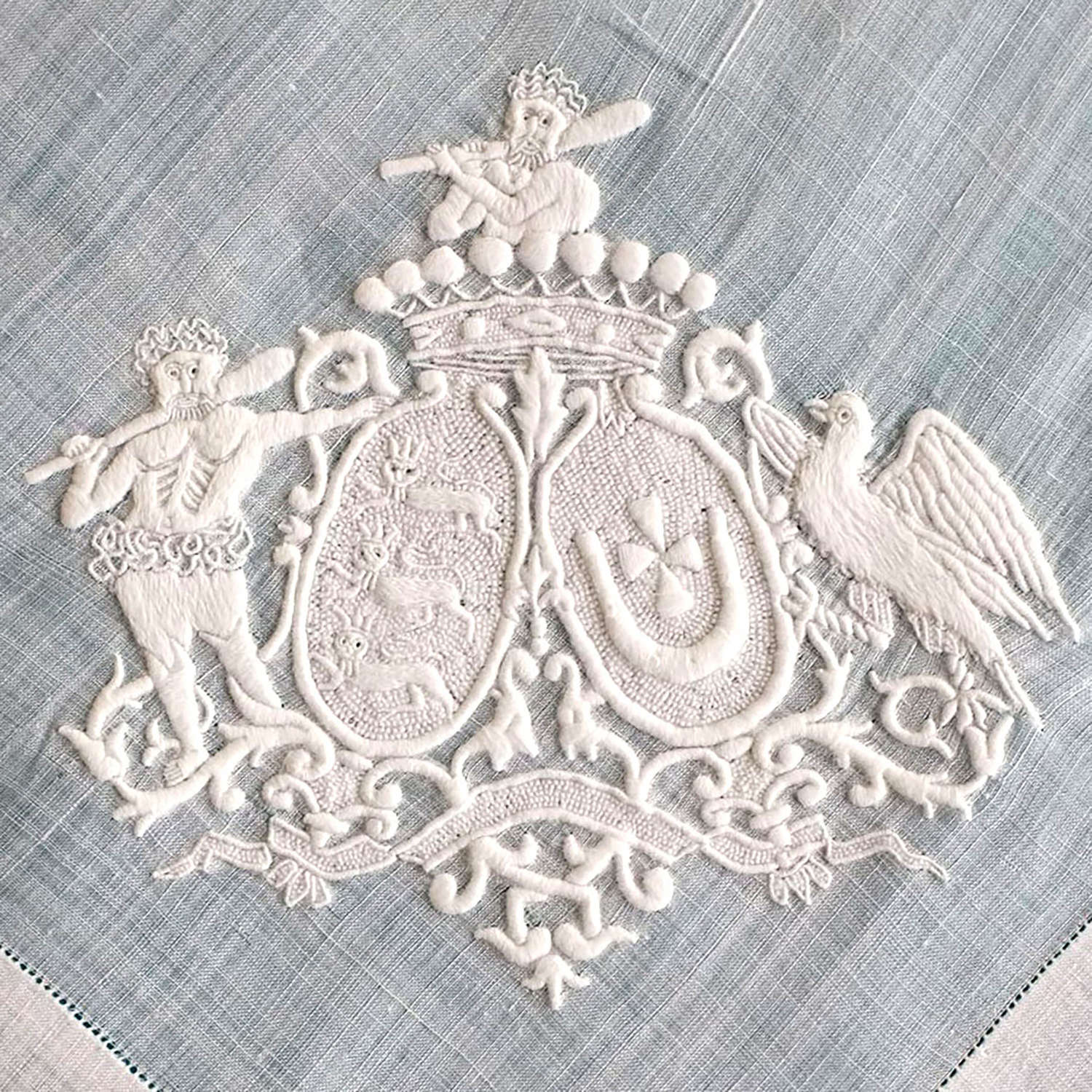 Antique French 19th Century Handkerchief with Crest and Wild Men