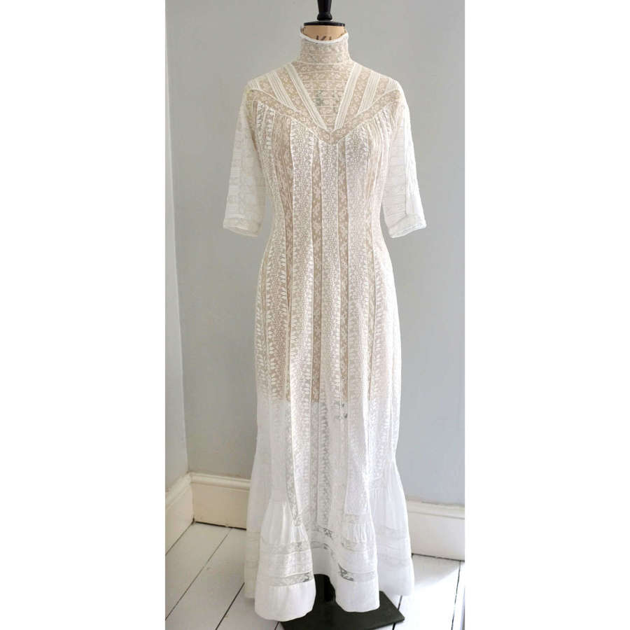Antique White Cotton and Lace Edwardian Dress
