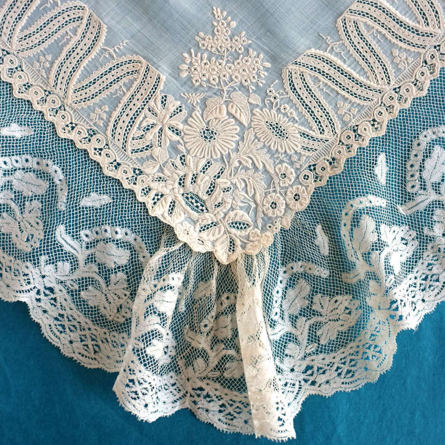 Antique Whitework Handkerchief With Valenciennes Lace Border