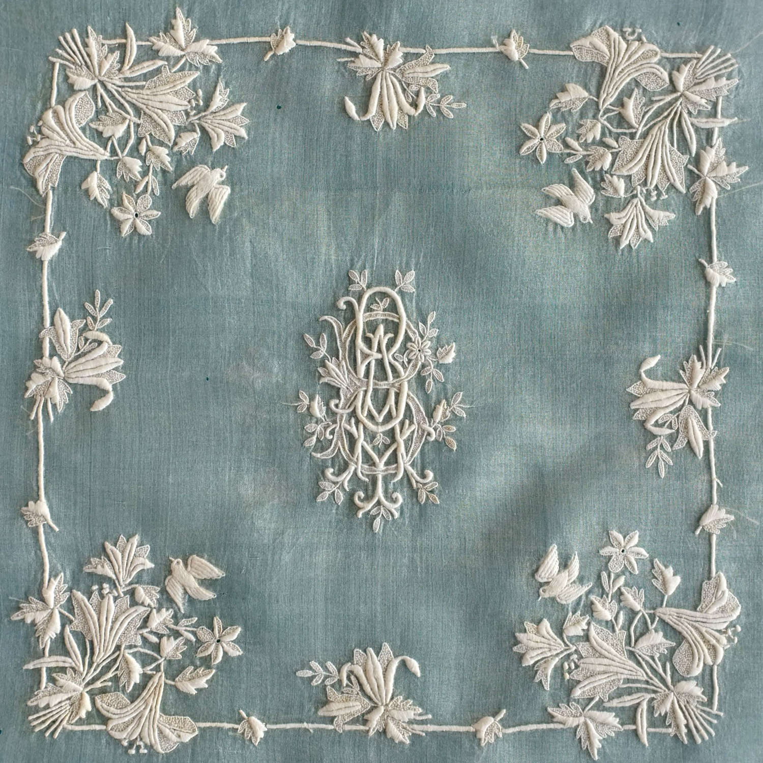 Antique Embroidered Silk Handkerchief Centre With Birds