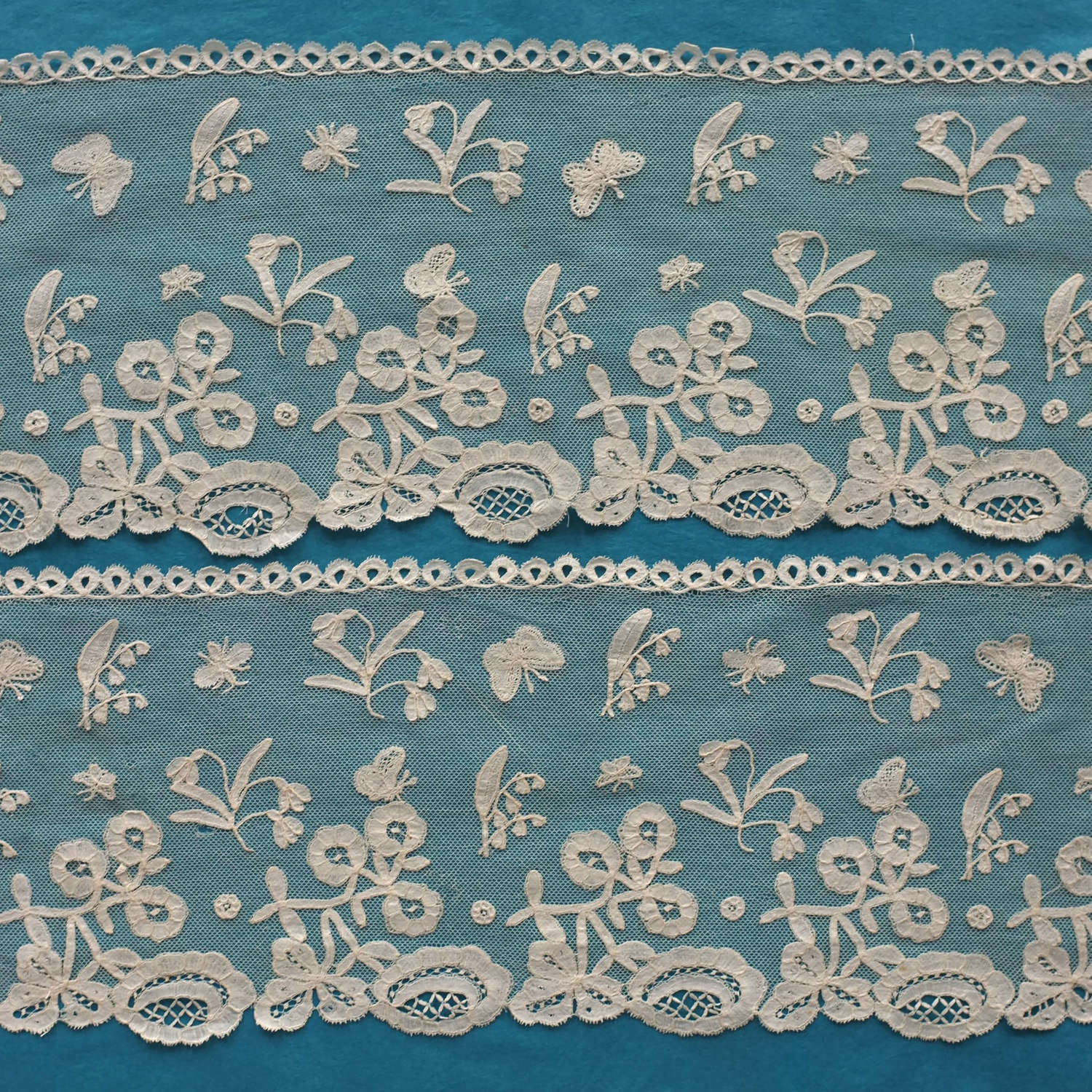 Antique Honiton Applique Lace Border with Butterflies and Bees.