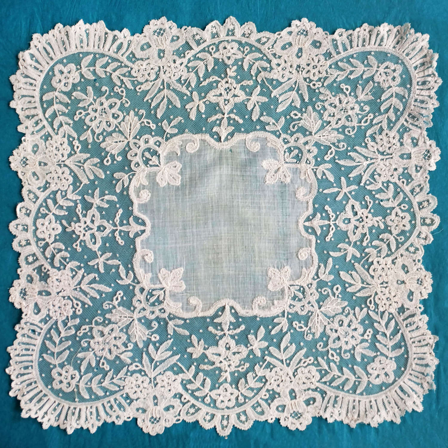 Antique Brussels Appliqué Lace Handkerchief