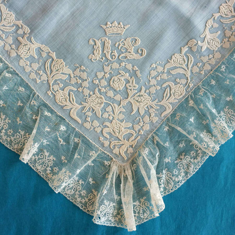 Antique late 19th Century Embroidered Handkerchief with Coronet
