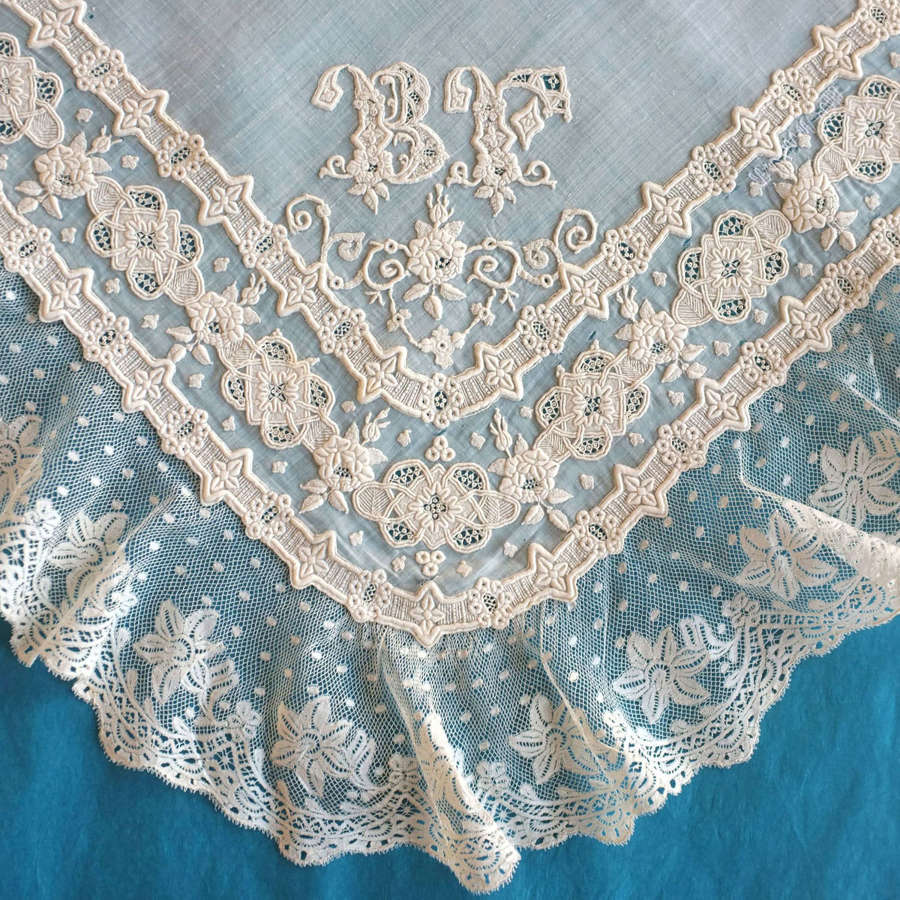 Antique French Embroidered Handkerchief with Valenciennes Lace Border
