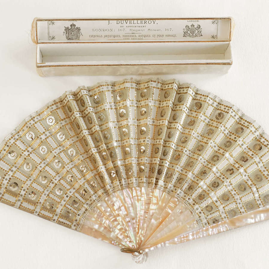Antique Duvelleroy Mother of Pearl Fan with Star Sequins