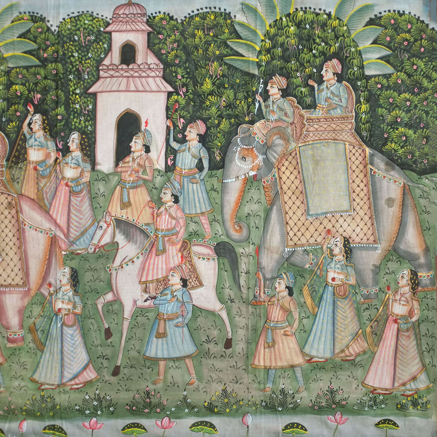Antique Mughal Style Painted Cotton Panel With Elephant Procession