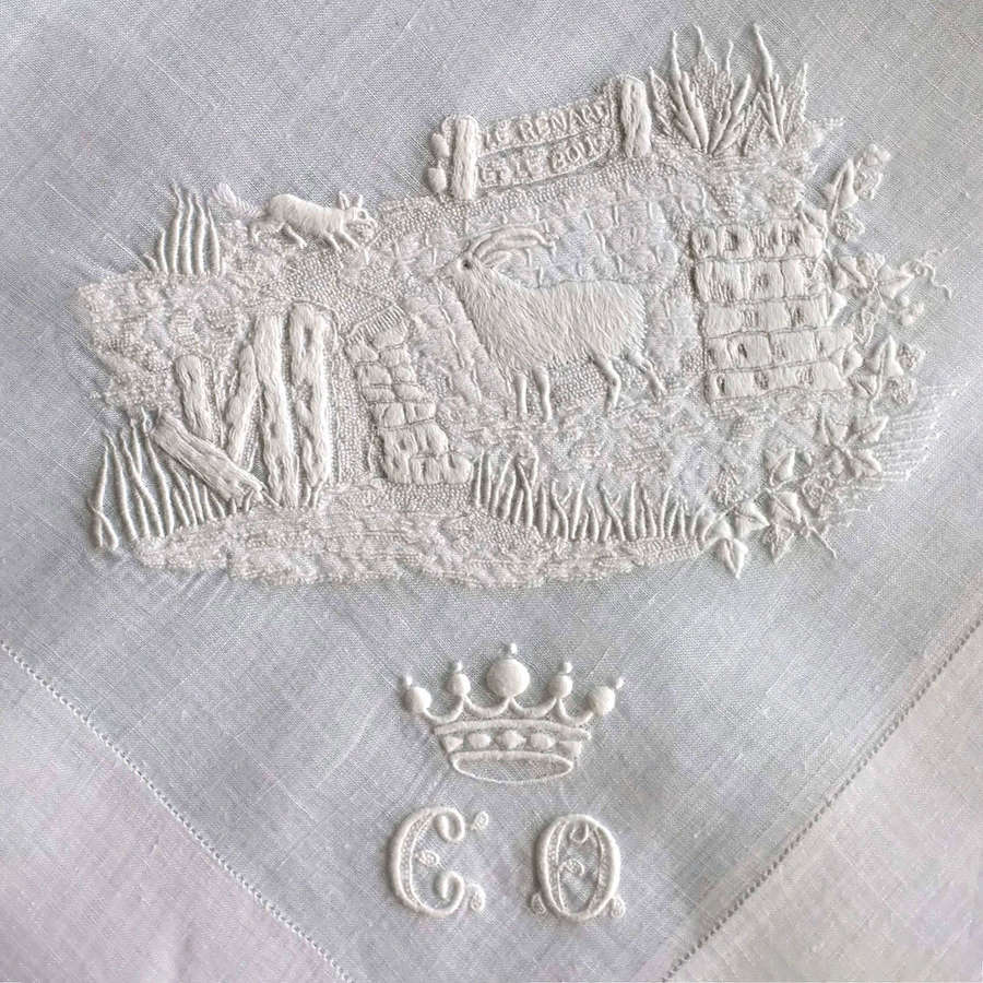 Antique Whitework Reynard et la Bouc Handkerchief
