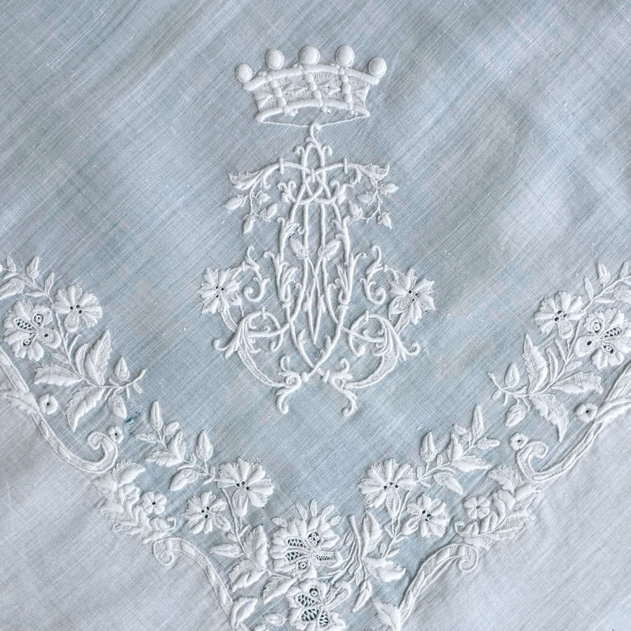 Antique Whitework Embroidered Handkerchief with Coronet