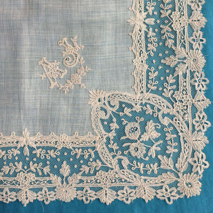 Antique Brussels Applique Lace Handkerchief