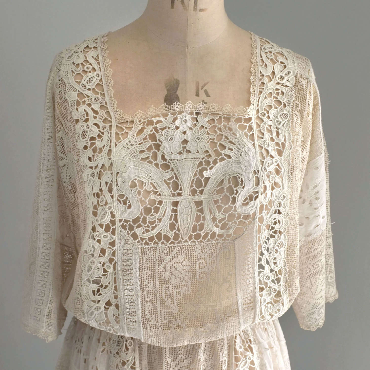 Antique Handmade Needlelace and Filet Lace Dress, circa 1920