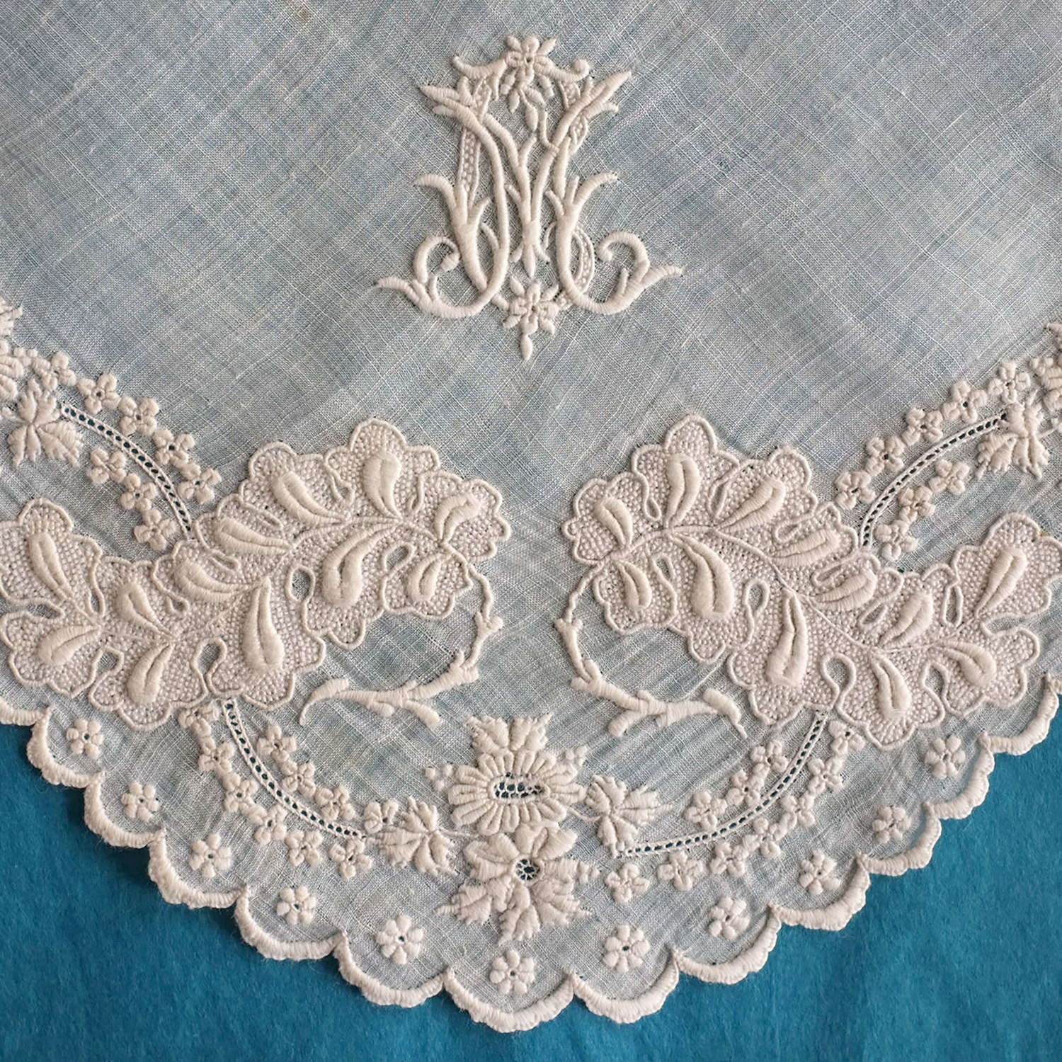 Antique Whitework Embroidered Handkerchief with Monogram