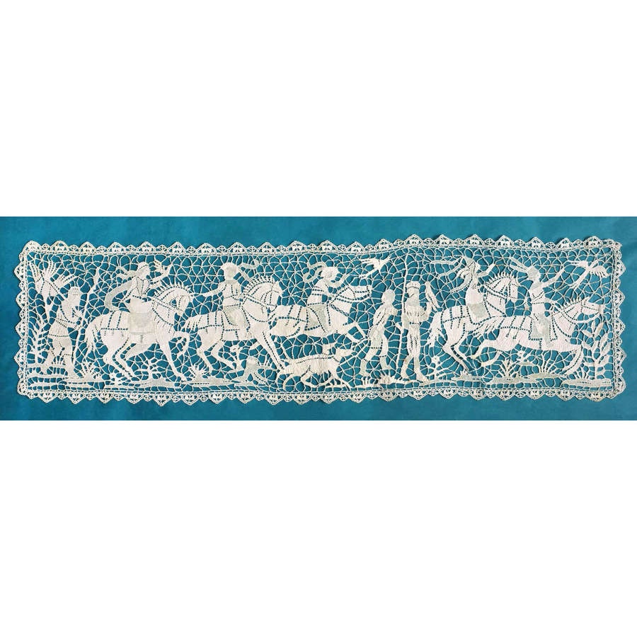 Antique Needle Lace Medieval Hunting Scene, circa 1900