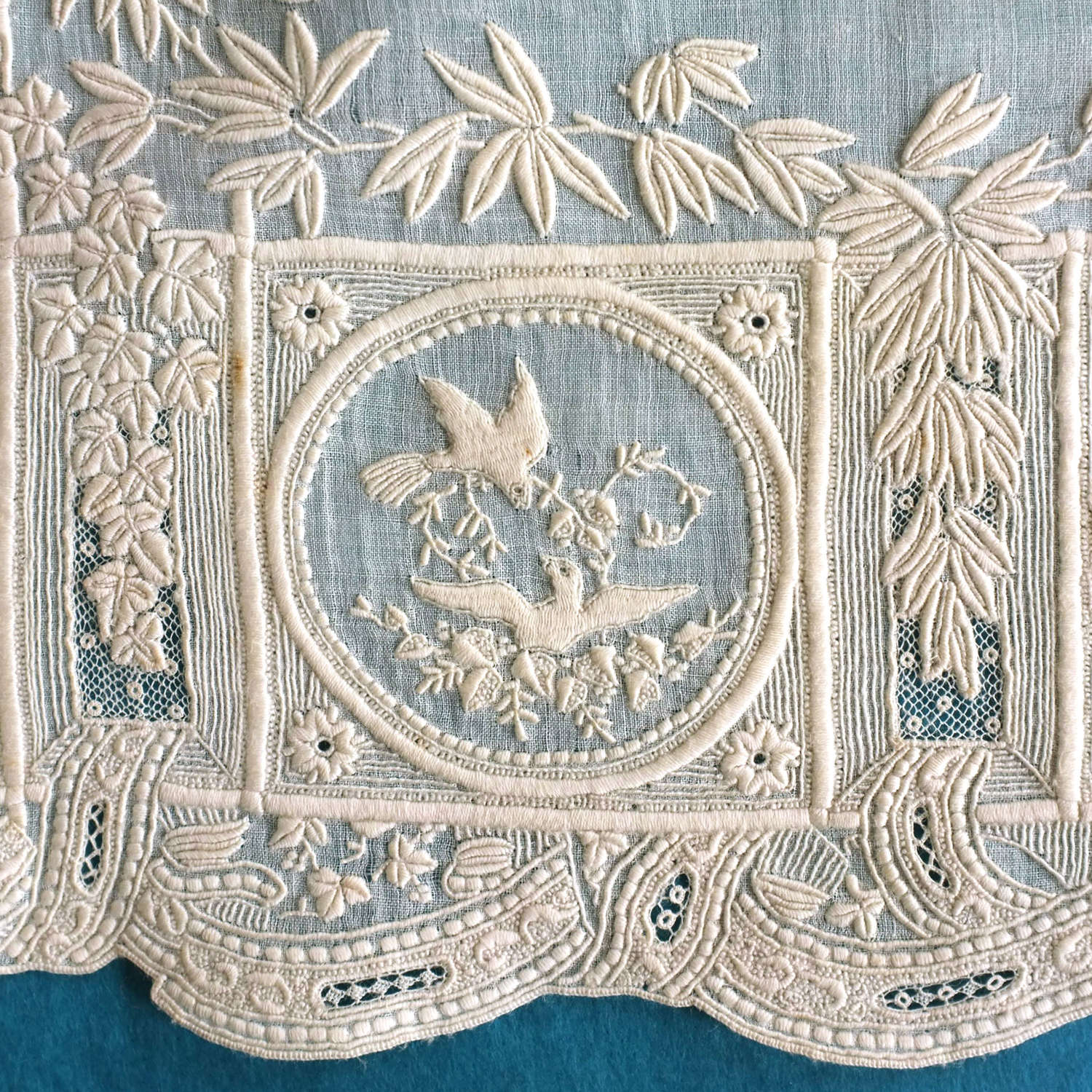 Antique Whitework Embroidered Handkerchief With Birds