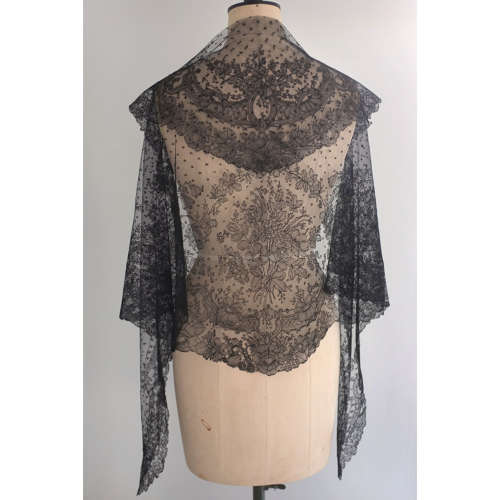 Antique Black Handmade Chantilly Lace Turnover Shawl