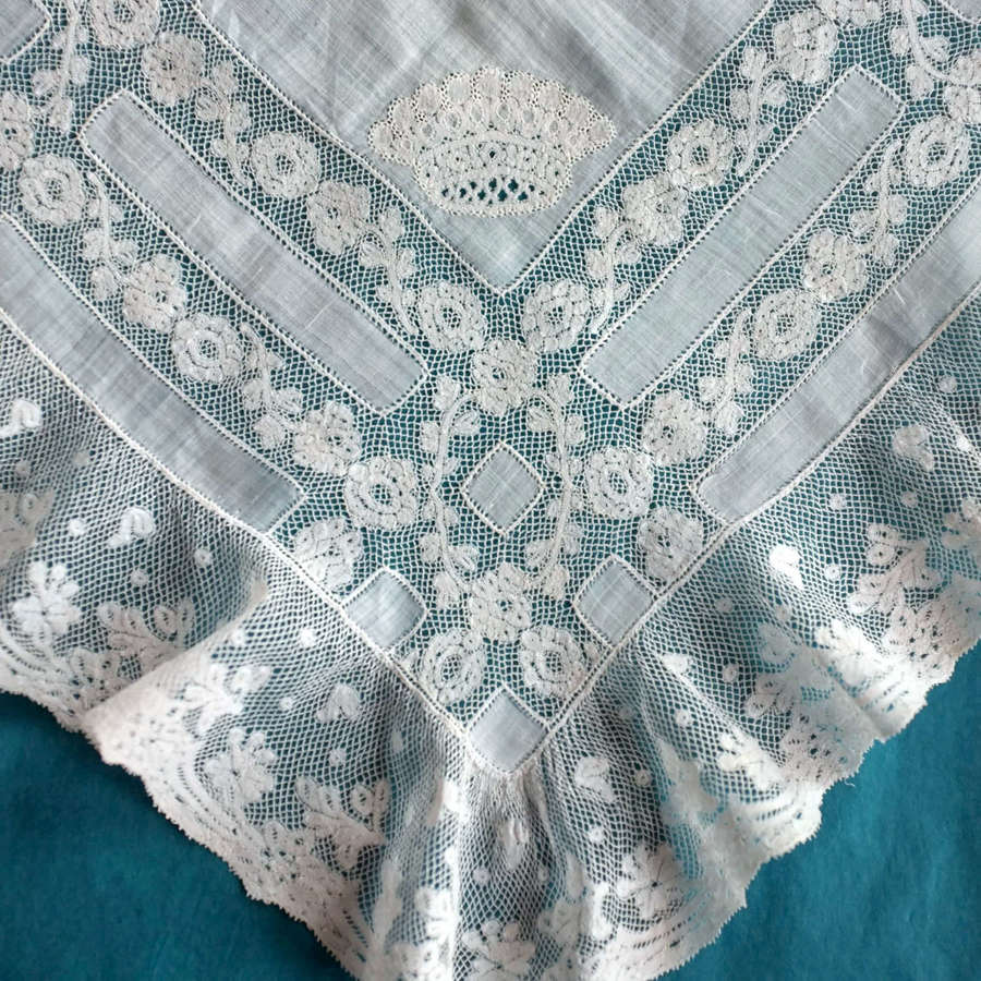 Antique Valenciennes Lace Handkerchief with Coronet