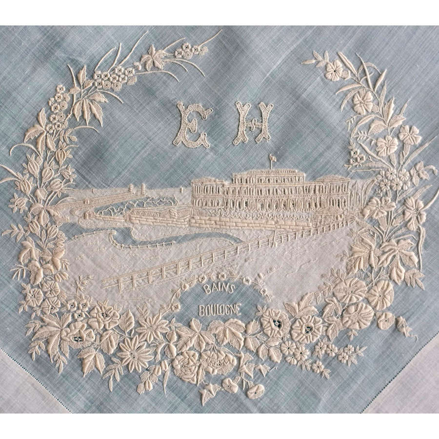 Antique Hand Embroidered 'Bains Boulogne' Whitework Handkerchief