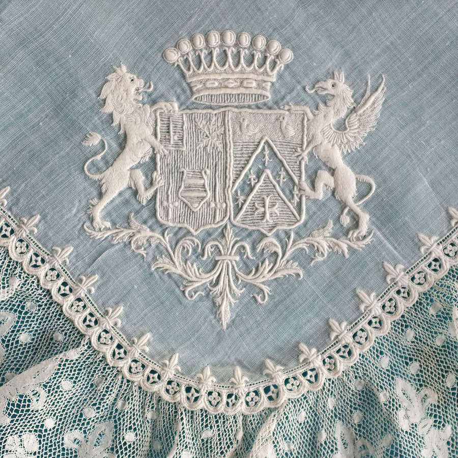 Antique Embroidered Handkerchief with Coat of Arms and Coronet
