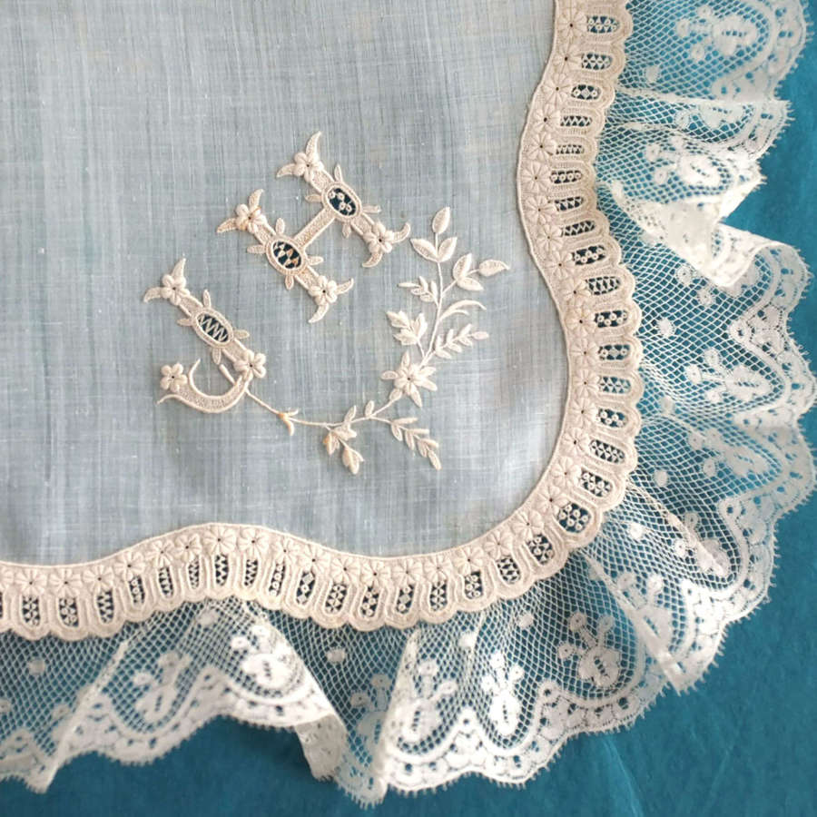 Antique Embroidered Handkerchief with J H Monogram